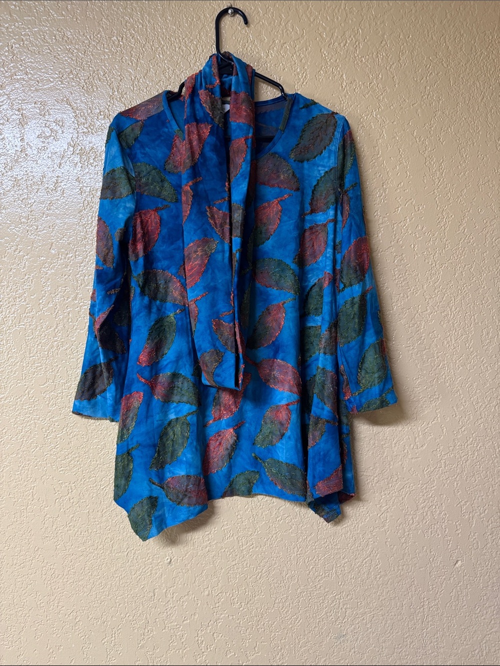 Multiples Blue Leaf-Print Tunic Top with Attached Scarf